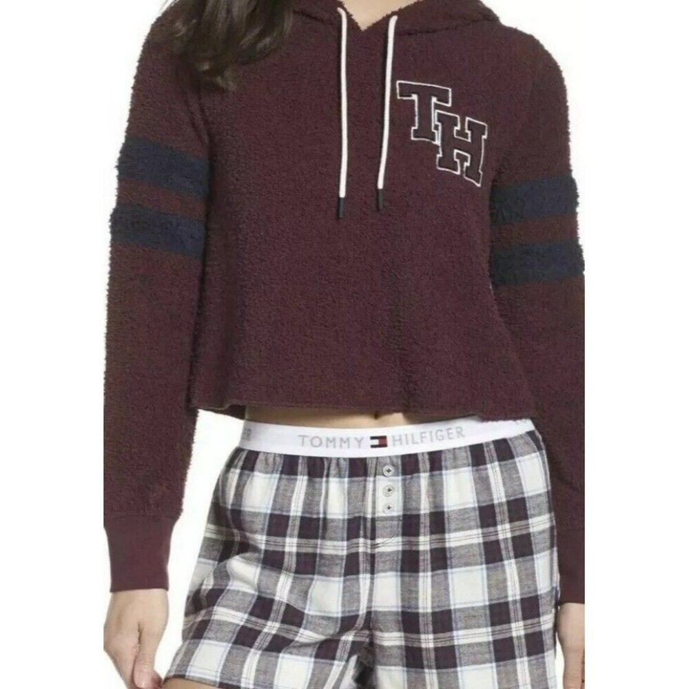TOMMY HILFIGER Marshmallow Varsity Crop Hoodie Sweatshirt Wine Maroon NWT $69